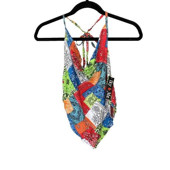 Iky & Me Halter Top NEW Medium Bandana Patchwork Festival Lightweight Smocked - Picture 5 of 7